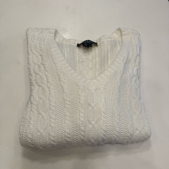 Lauren Ralph Lauren Women’s Cable Knit V-Neck Sweater White Cotton Sz PM - Picture 10 of 13